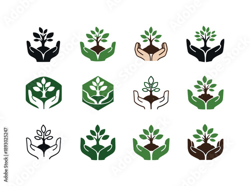 Reforestation Icon Set. Reforestation. Icon set. Set Logo of reforestation: hands planting a tree. harmonious logo variations of the same emblematic concept,