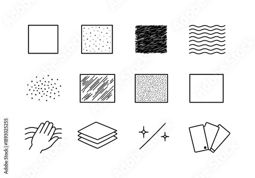 Matte Texture Icons Grid. Matte surface texture. Line icon set of Matte surface texture: flat texture pattern, soft grain surface, chalky finish, velvety
