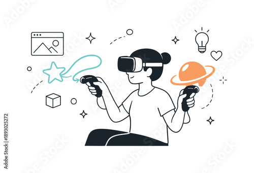 Digital Art Creation. Creating art in digital worlds. A designer uses hand controllers to shape glowing forms in midair. Innovation, playfulness, and