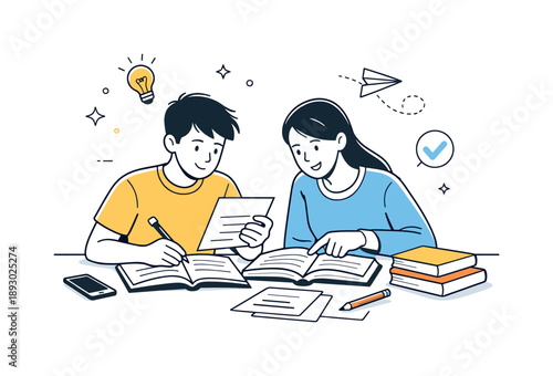 Teen Study Session. Teenagers studying homework. Students reviewing notes and completing assignments together. Sense of responsibility and steady academic