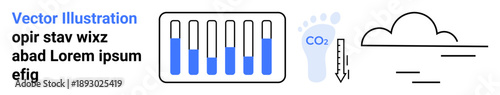 Test tubes with liquid, carbon footprint, thermometer, CO2 label, and cloud graphics. Ideal for environmental impact, sustainability, climate change, science research education renewable energy
