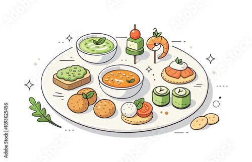 Modern Appetizer Artistry. Appetizer plate ? modern cuisine. Abstract yet recognizable appetizer plate with small bites, dips, and garnishes, expressing