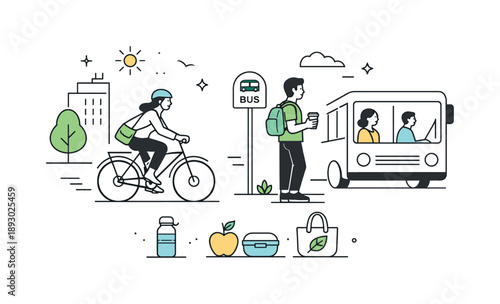 Eco-Friendly City Living. Everyday eco habits. Residents biking to work and using public transport, calm and intentional lifestyle decisions visualized with