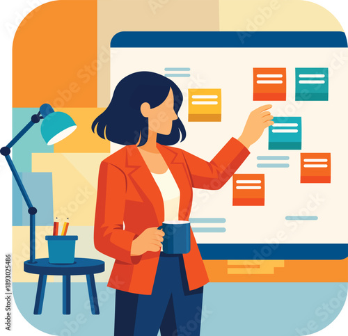Professional woman organizing project management workflow using sticky notes on a board Vector illustration
