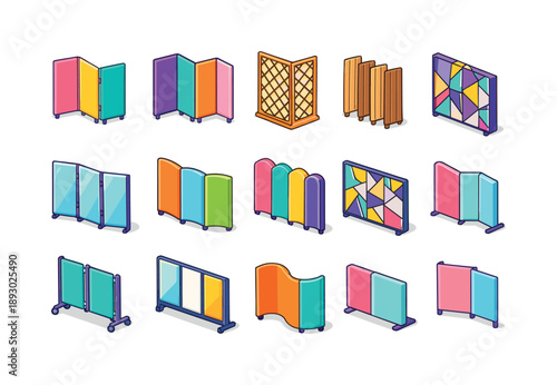 Colorful Room Divider Icons. Room dividers. Colorful isometric vector icons set of room dividers: tri-fold divider, four-panel divider, lattice-style divider,