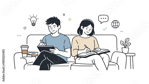 Collaborative Home Study. People studying at home. Two people sitting on a sofa with notebooks and digital tablets, learning side by side in a cozy and