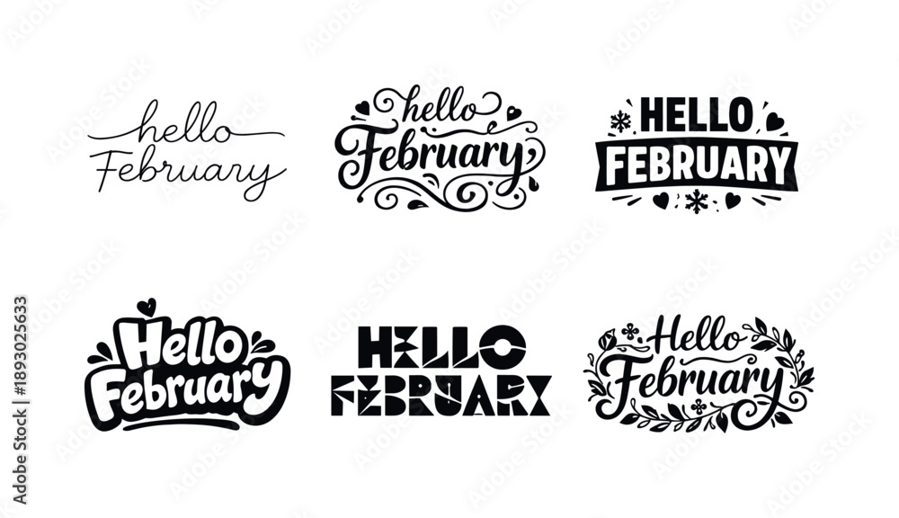 Obraz premium February Lettering Styles. Hello February vibes. Set lettering. harmonious lettering variations of the same emblematic concept, each with different artistic