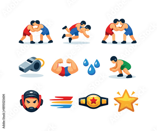 Wrestling Icon Collection. Wrestling Match. Colorful flat vector icons set of Wrestling Match: two wrestlers grappling, takedown move, clinch hold, wrestling