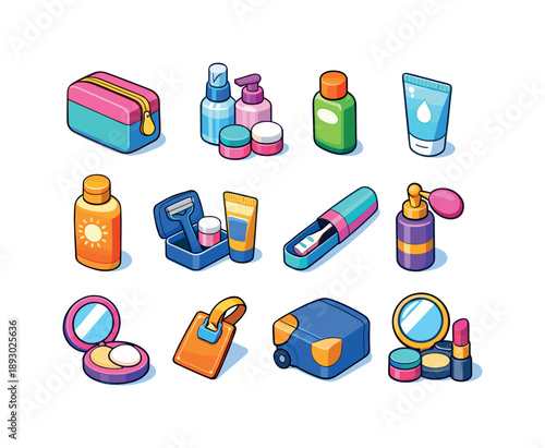 Travel Cosmetic Essentials. Travel cosmetic bag. Colorful isometric vector icons set of Travel cosmetic bag: zippered toiletry bag, travel bottles set, mini
