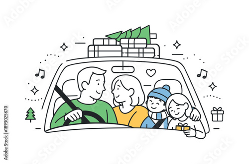 Holiday Road Trip. Driving home for the holidays. Family members riding together, feeling relaxed and connected during the journey. Seasonal travel tradition