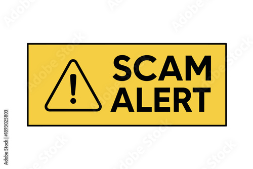 Yellow scam alert sign with exclamation mark in triangle on warning of potential fraud or deception online