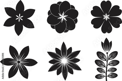 Six black floral silhouettes with varied petal and leaf shapes for botanical, decorative, and design inspiration