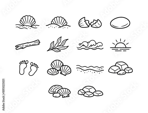 Beach Shell Line Icons. Beach Shells. Line icon set of Beach Shells: shell on sand, half buried shell, cracked shell, smooth pebble, driftwood stick, seaweed