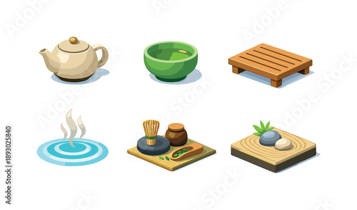 Zen Tea Icons. Zen Tea. Isometric flat vector icons set of Zen Tea: minimalist teapot, smooth tea bowl, simple wooden tray, soft steam ripple, grounded tea