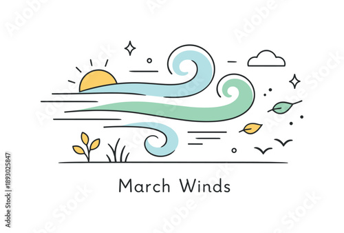 March Wind Vector. Seasonal wind illustration. Rounded shapes and linear accents arranged to show direction and movement, symbolizing March winds. The scene