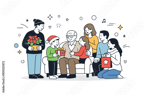 Holiday Family Visit. Visiting elderly during holidays. Family members visiting an elderly person at home, bringing small gifts and spending time together.