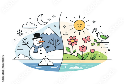 Seasons in Harmony. Two seasons one scene illustration. Abstract composition combining winter and spring symbols arranged in one balanced frame. Conceptual