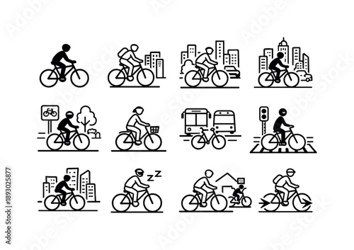 Urban Cycling Icons. Urban Cycling Lifestyle. Line icon set of Urban Cycling Lifestyle: city cyclist silhouette, urban bike commuting, street cycling scene,