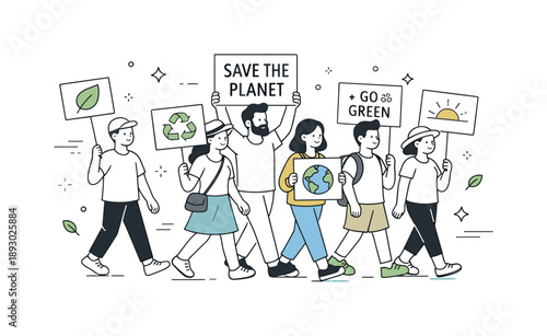 Eco Activism March. Eco activism march. Group of people walking together holding simple eco signs, calm collective movement and shared care for the