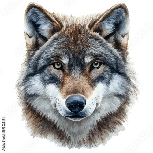 Wolf Close Up, watercolor illustration vector, isolated on a white background.