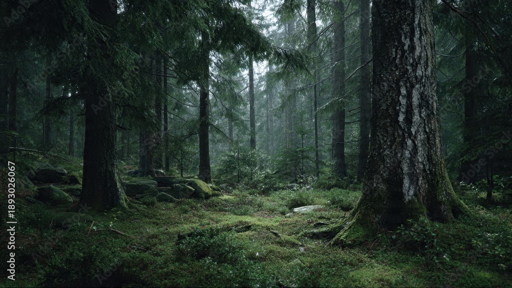 Obraz premium Dark moody forest scene with mossy floor