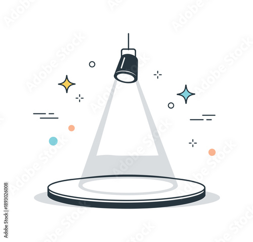 Spotlight Stage Focus. Spotlight shining on stage. A single bright spotlight illuminating the center of an empty stage, creating a calm and dramatic focus. The