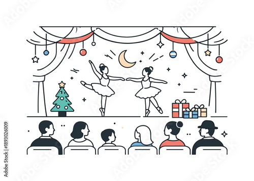 Festive Ballet Night. People attending a festive ballet performance. Calm theater scene with seated viewers and decorative holiday details, peaceful