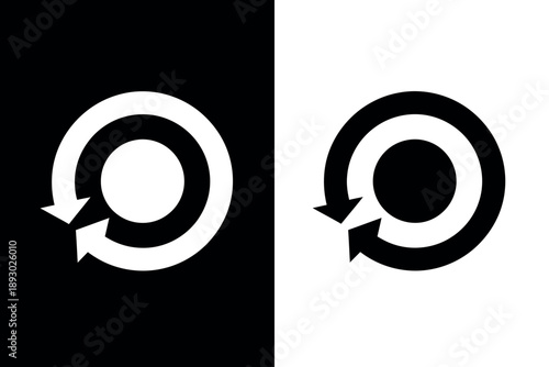 Black and white circular arrow icons for swap or exchange concept on split background