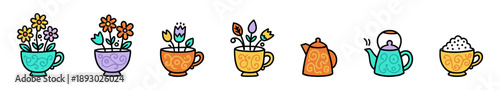 Cute Teacup and Teapot Icon Set – Colorful Cups with Flowers and Kettles in Hand-Drawn Cartoon Style
