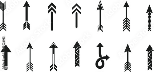 Stylized arrow icon set with varied shafts, heads, and fletching, decorative navigation symbols, vector illustration for graphic design