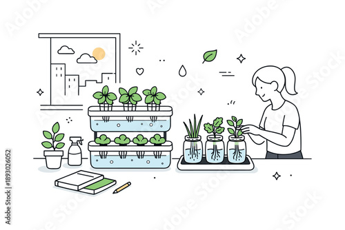 Urban Hydroponic Garden. Urban hydroponic farming. An indoor garden with herbs growing in water-based containers near a window. Quiet productivity, modern