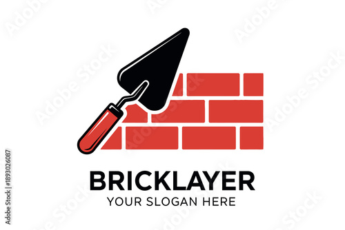 Bricklayer logo with trowel and red brick wall template for construction business or masonry service branding