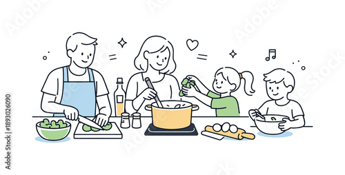 Family Cooking Together. Family dinner cooking teamwork. A simple scene showing parents and children preparing food together in the kitchen, highlighting