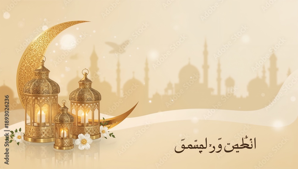 Obraz premium A golden crescent moon illuminates ornate lanterns and a distant mosque skyline high quality professional detailed