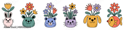 Cute Animal Planter Icon Set – Bunny, Bear, Cat, Dog, and Fish Pots with Colorful Flowers in Cartoon Style