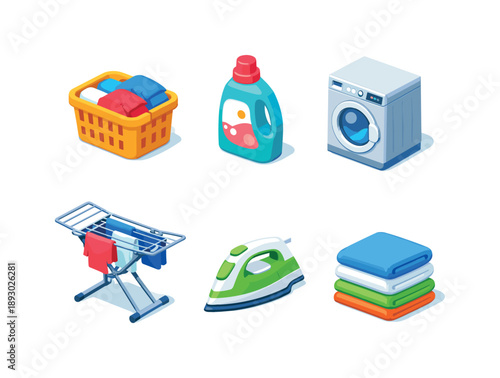 Laundry Isometric Icons. Laundry Care. Isometric flat vector icons set of Laundry Care: laundry basket, detergent bottle, washing machine, drying rack, iron,