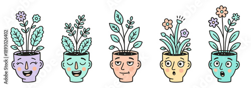 Hand-Drawn Face Planter Icon Set – Cute Cartoon Heads with Plants and Flowers Growing from the Top