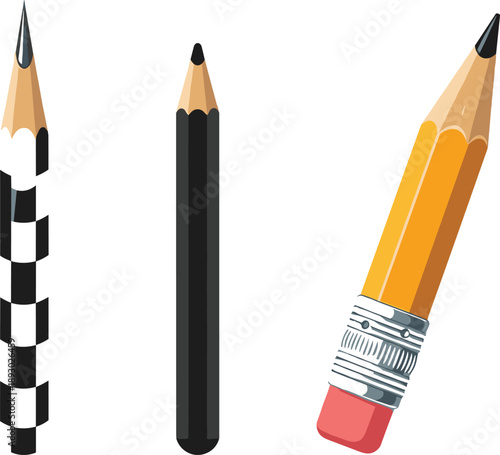 Stylized pencil icon set: checkered, black minimalist, classic yellow with eraser, school and office supplies, vector illustration design