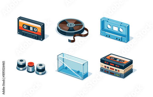 Vintage Media Icons. Vintage Media. Isometric flat vector icons set of Vintage Media: retro cassette tape, spooling magnetic tape, cassette shell cutout, tape
