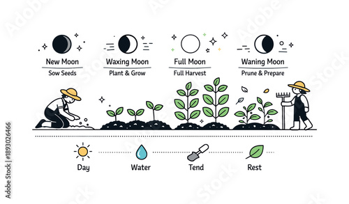 Moonlit Crop Growth. Moon cycle planting. A simple farm scene with crops growing under moon phases, gentle guidance and timing, calm night-day