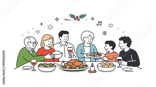 Festive Dinner Harmony. Holiday dinner illustration. People sitting around a table, sharing food and smiling gently, enjoying a festive meal.