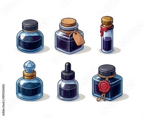 Vintage Ink Bottles Grid. Vintage Ink. Isometric flat vector icons set of Vintage Ink: classic round ink bottle, corked ink jar, antique ink vial, decorative