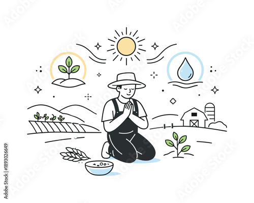 Sacred Farming Ritual. Sacred agriculture ritual. A quiet moment of intention-setting in a field, farmer pausing before work, symbolic gestures and light