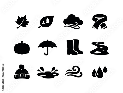 Autumn Rain Icons. Autumn rain. Solid icon set of autumn rain: falling leaf, raindrop leaf, windy cloud, warm scarf, pumpkin silhouette, umbrella icon, tall