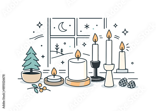 Winter Candle Serenity. Neutral winter candles. Candles in neutral holders placed near a window in a quiet winter interior. Peaceful seasonal mood with simple