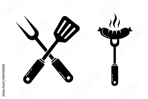 Black silhouette of crossed barbecue tools and a sausage on a fork