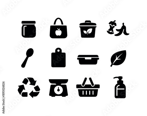 Zero-Waste Kitchen Icons. Zero-Waste Kitchen. Solid icon set of Zero-Waste Kitchen: glass jar, reusable bag, compost bin, food scraps, wooden spoon, cutting