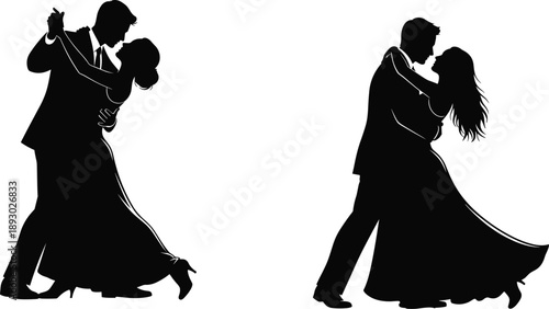Elegant dancing couple silhouette vector illustration, romantic ballroom dance poses of man and woman, love celebration concept, black flat design isolated on white