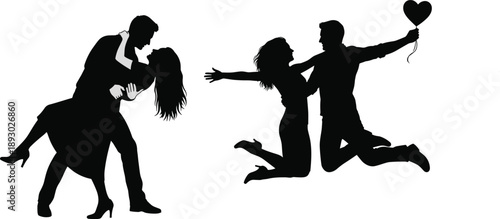 Romantic couple silhouette poses vector illustration, dancing lovers and proposal scene with heart balloon, love relationship concept, black flat design isolated on white