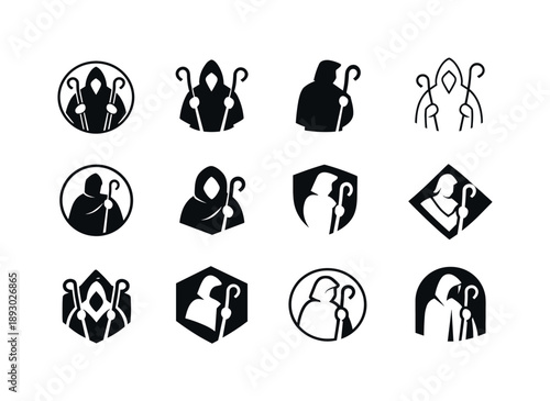 Shepherd Logo Variations. Shepherd. Icon set. Set Logo of Shepherd: shepherd crook symbol. harmonious logo variations of the same emblematic concept, each with